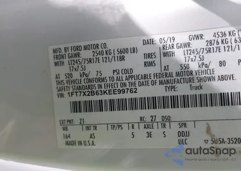 2019 Ford F-250 Xl from USA, damaged, VIN 1FT7X2B63KEE99762